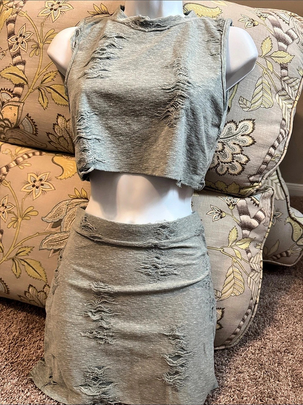 Distressed Mini Skirt Set in Green
